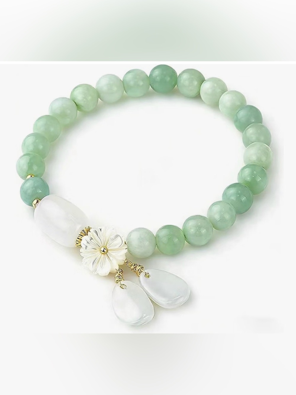 Green Jade Beaded Bracelet with White Floral Charm